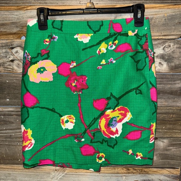 J CrewThe Pencil Skirt Floral Size 00 Green Pink Basket weave Springtime Summer. - Picture 1 of 3